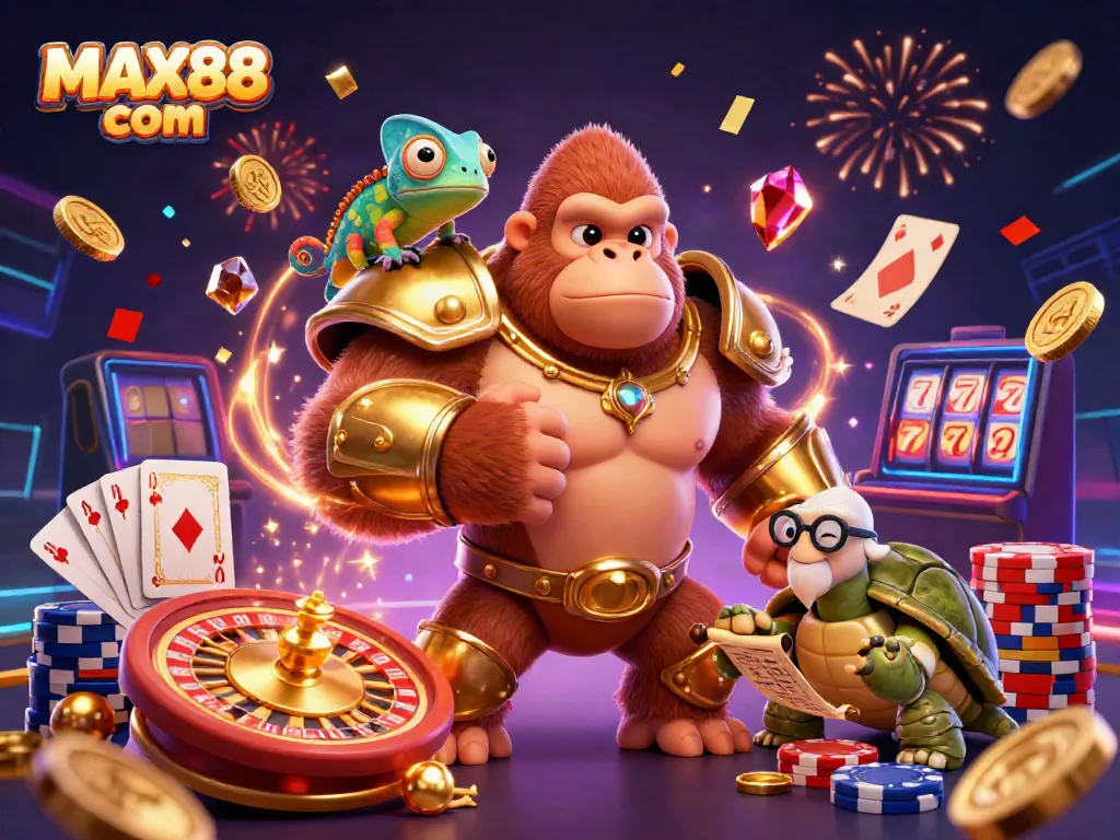 Experience the vibrant MAX88 com 3D illustration featuring a gorilla king, chameleon, and tortoise amidst casino riches.