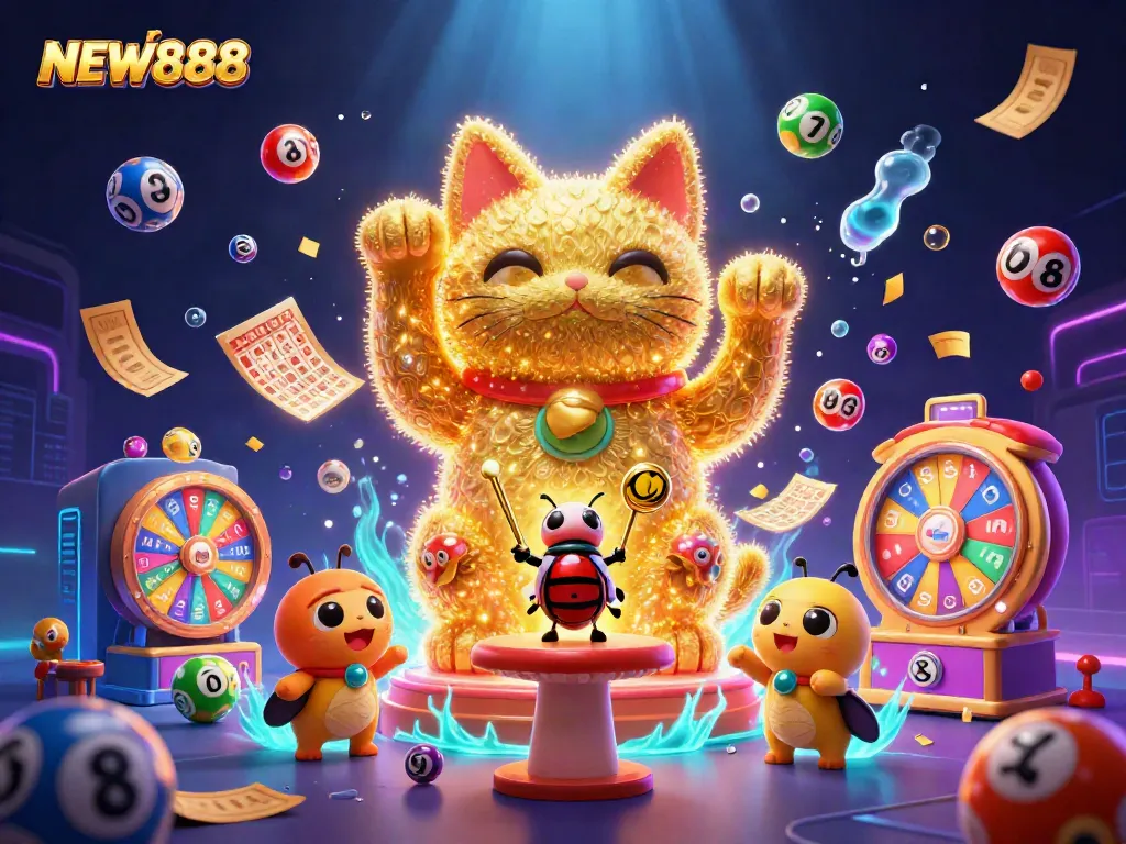 Experience the excitement of NEW888 with a vibrant, golden cat symbol and dynamic lottery elements.