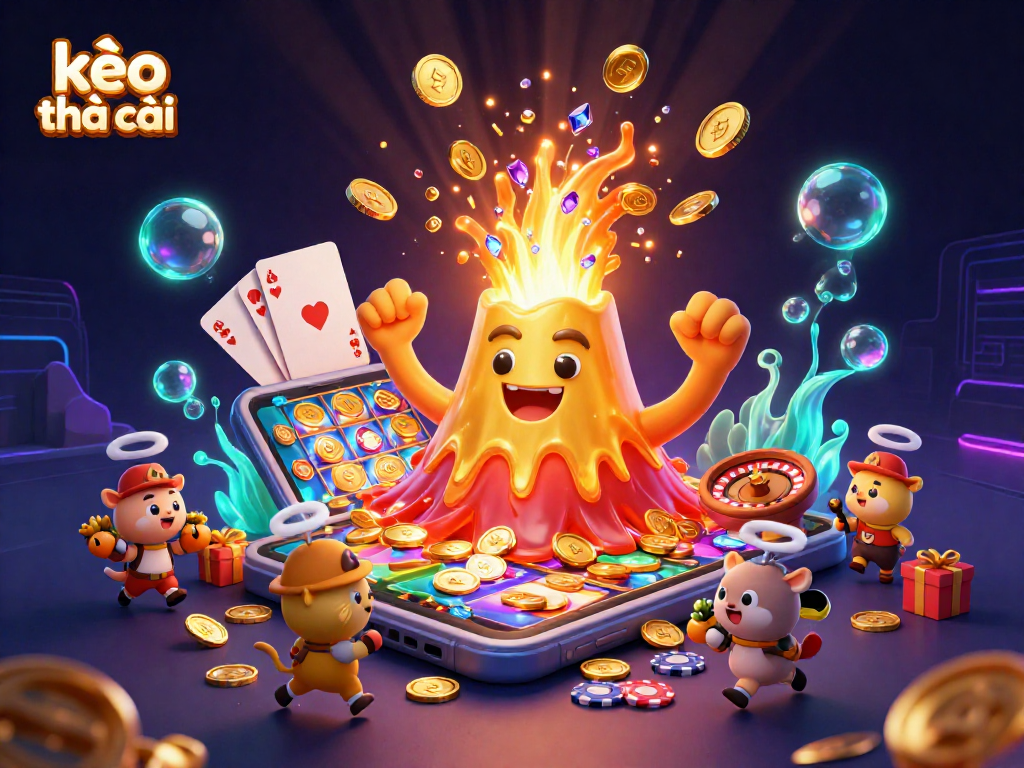 Experience thrilling kèo nhà cái excitement with a vibrant 3D casino illustration featuring animated characters and game elements.