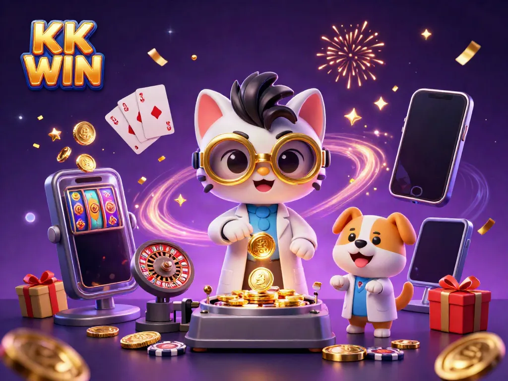 Experience the excitement of KK WIN with a dynamic casino-themed 3D illustration showcasing fun gaming elements.