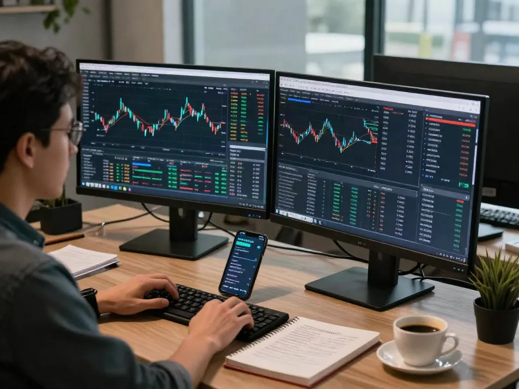 Couponeau : Scène de trading automatisé avec des graphiques et un trader concentré.