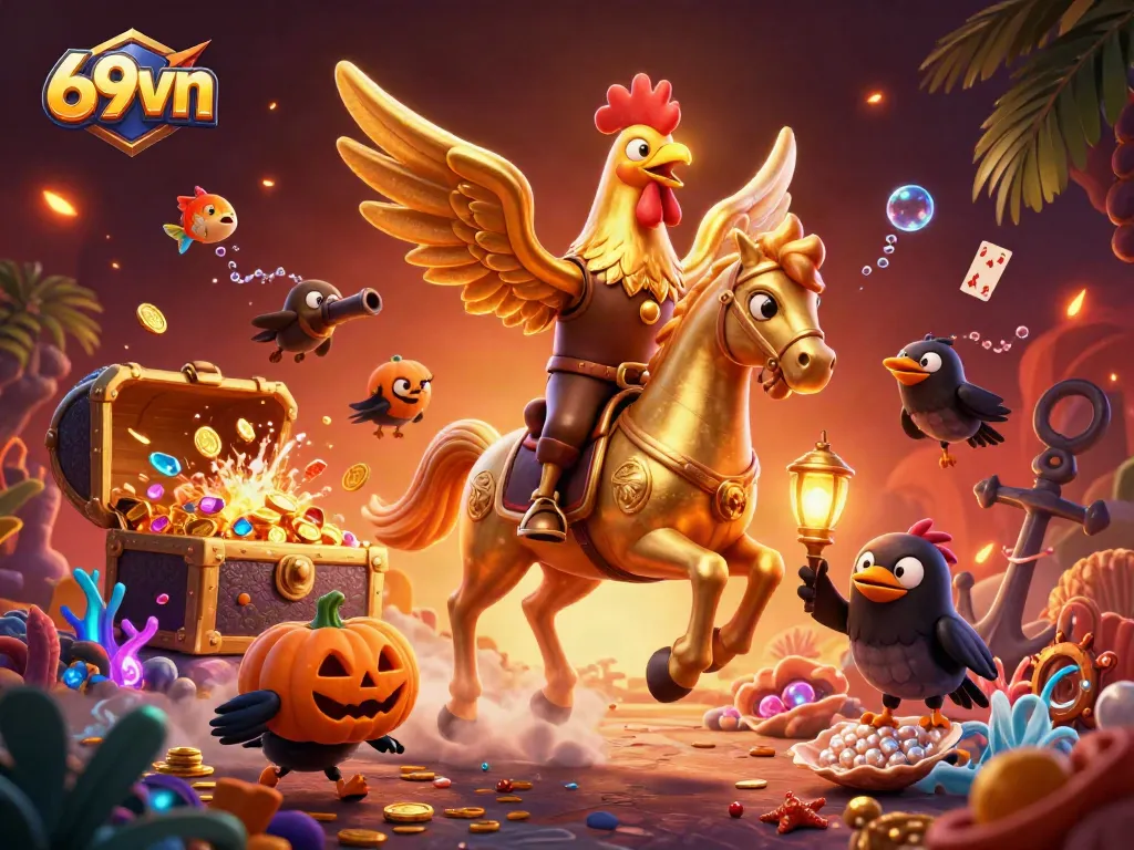 Experience high-energy gambling action at 69vn with a golden rooster headless horseman and treasures.