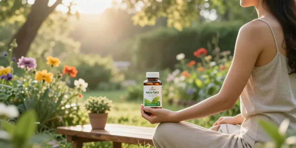 Person meditating in a garden with Natura Force supplements, promoting natural wellness.
