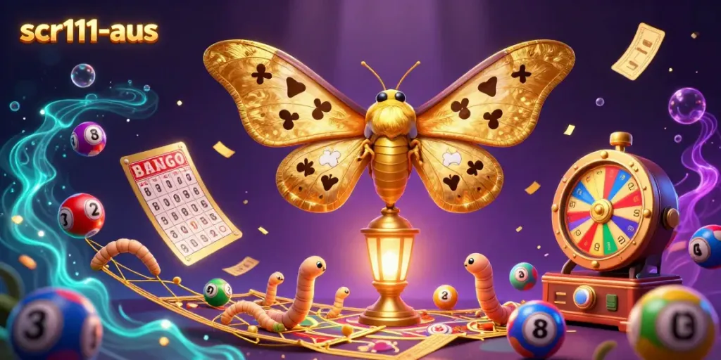 Experience thrilling casino excitement with the scr111-aus moth and vibrant game elements in a magical scene.