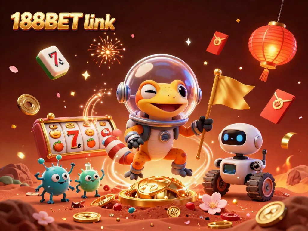 Engage with thrilling games at 188BET link, featuring vibrant Martian gecko and festive casino elements.