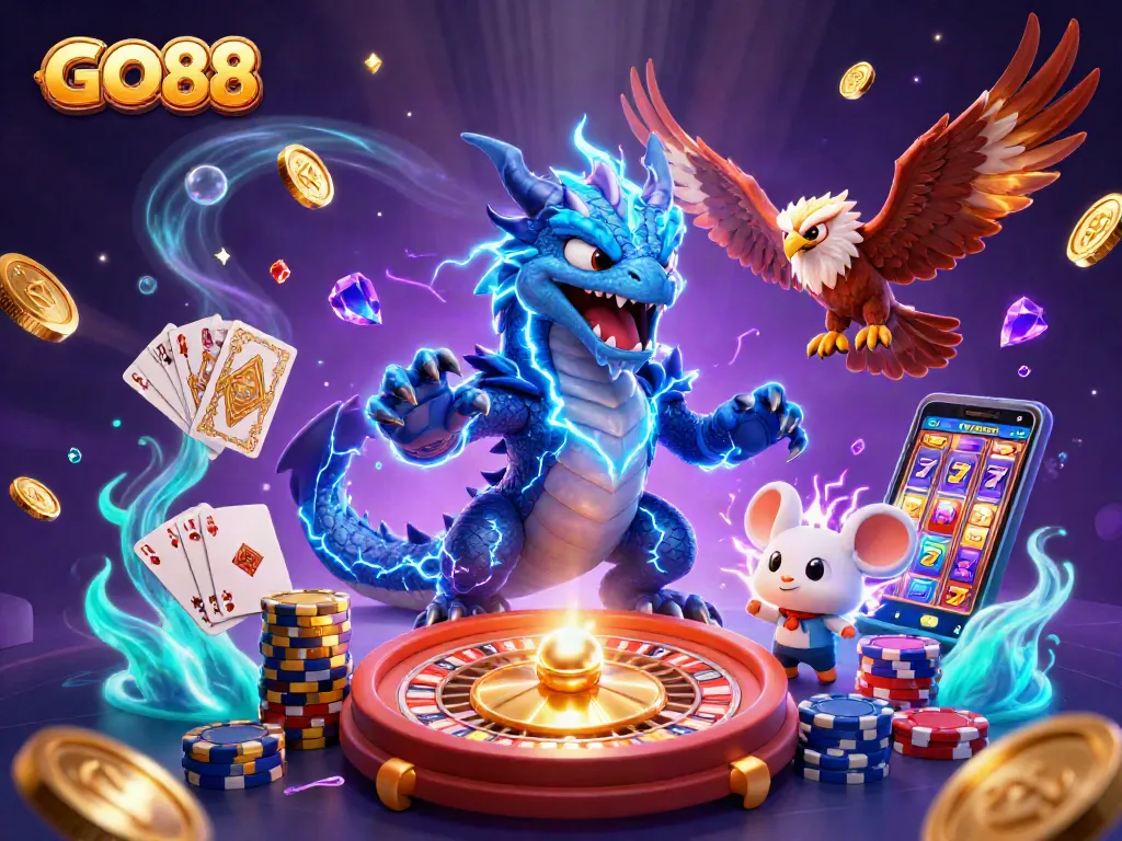 Engage with GO88's thrilling gaming experience featuring electrifying characters and dynamic casino elements.