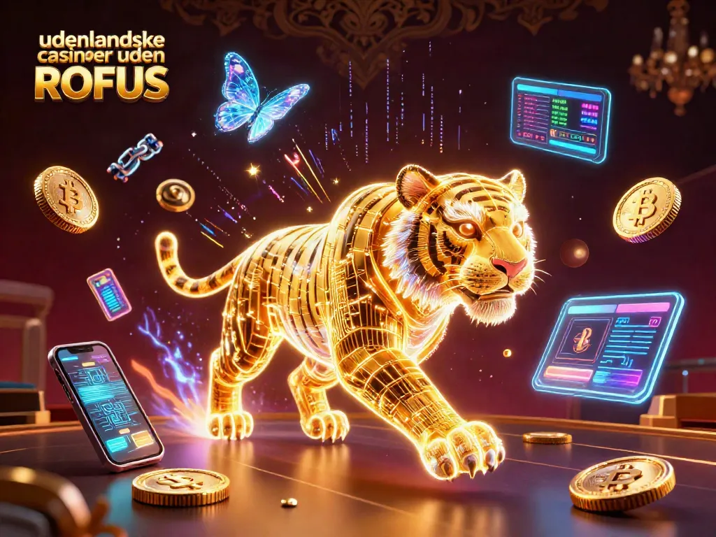 Engage with udenlandske casinoer uden ROFUS, featuring a neon tiger in a dynamic casino scene.