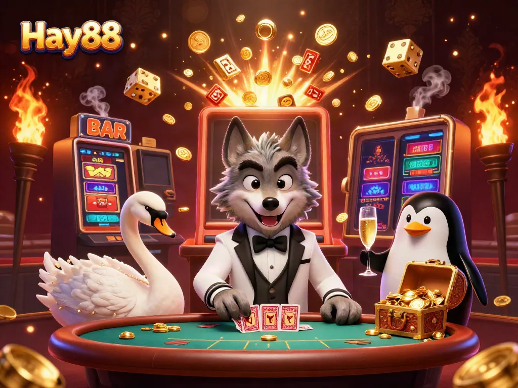 Experience Hay88's vibrant casino atmosphere with cartoon characters, jackpot slots, and thrilling game elements.