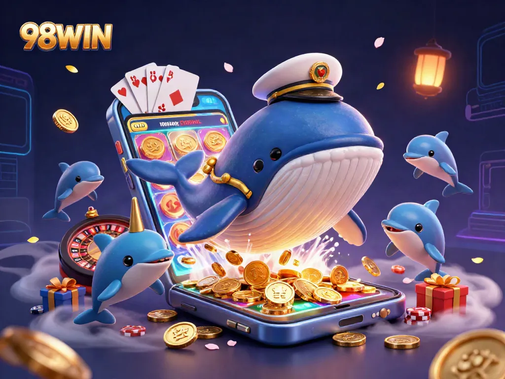 Experience the thrill of 98WIN with a 3D whale and dolphins surrounded by casino elements.