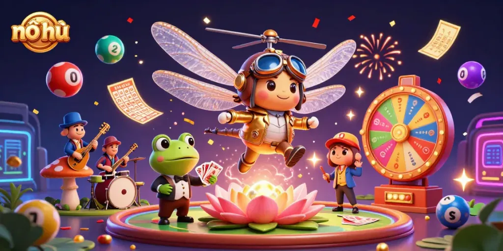 Nổ hũ: Experience the excitement of colorful casino elements in a vibrant 3D illustration.