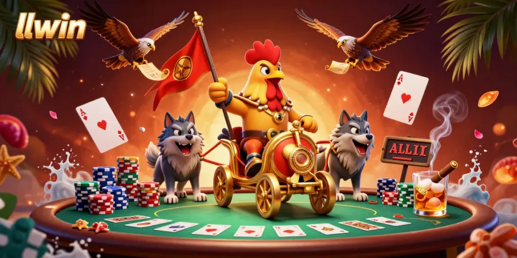 Experience thrilling gameplay with llwin through a vibrant 3D casino battle scene featuring iconic game elements.