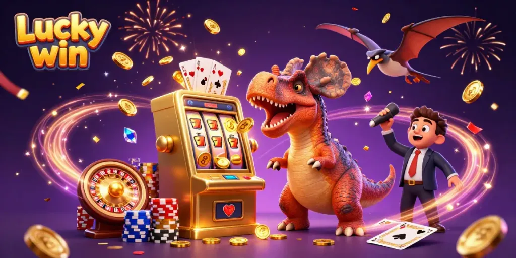 Experience the excitement of Lucky win as dinosaurs battle at the casino with lively animations.