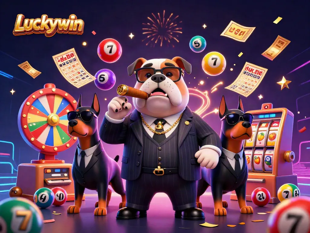 Luckywin showcases a vibrant 3D illustration of a mafia bulldog and Doberman bodyguards amid casino games.