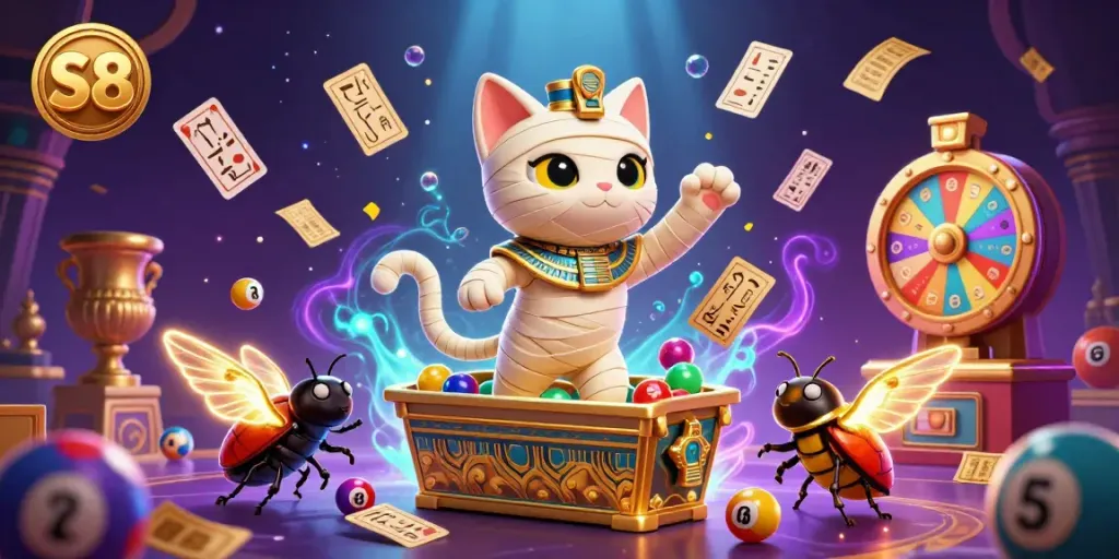 Experience S8's exciting gaming atmosphere with a cartoon mummy cat, vibrant lottery balls, and casino elements.