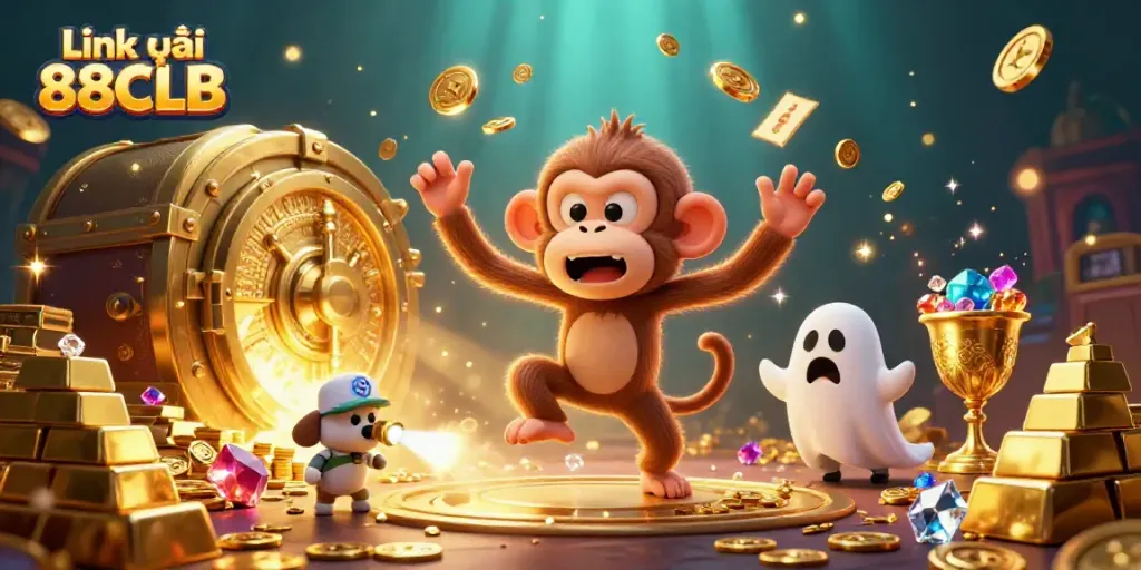 Link vào 88CLB showcases a playful poltergeist monkey juggling golden coins in a haunted casino.