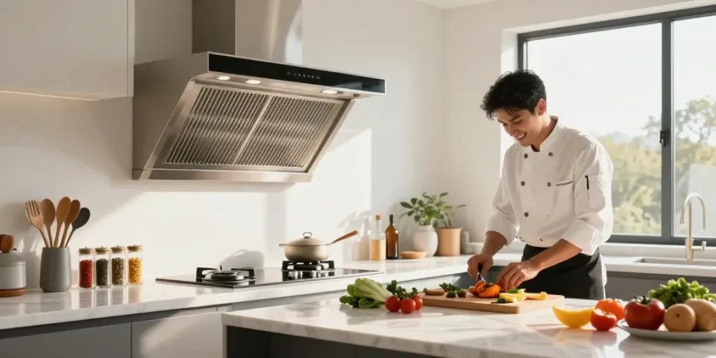 Hotte inclinée dans une cuisine moderne avec un chef préparant un plat frais.