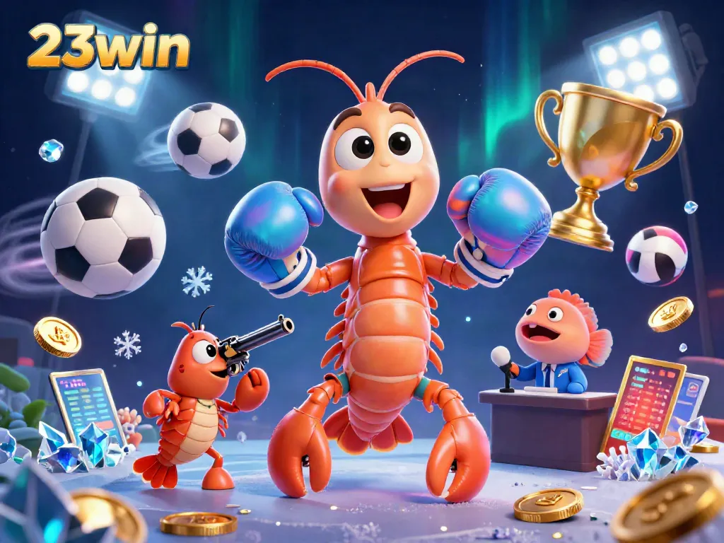 Engage in thrilling gameplay with 23win as a mantis shrimp mascot punches through sports excitement and gold coins.