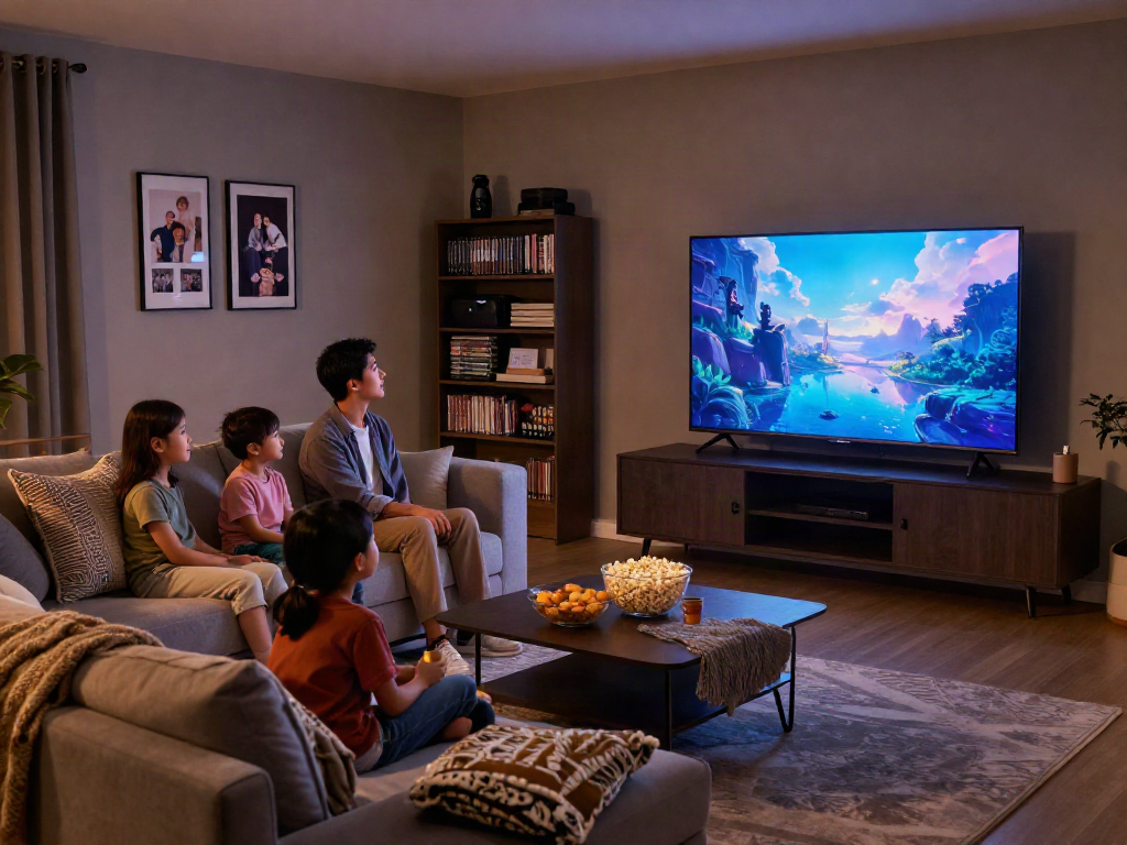 La famille profitant d'une soirée cinéma avec un Iron TV dans leur salon accueillant.