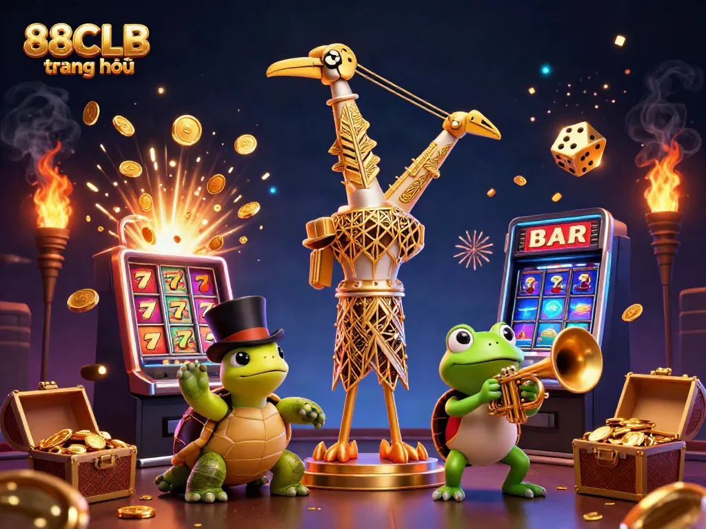 88CLB trang chủ illustrated scene with characters celebrating casino wins amidst dynamic slot machines and vibrant symbols.