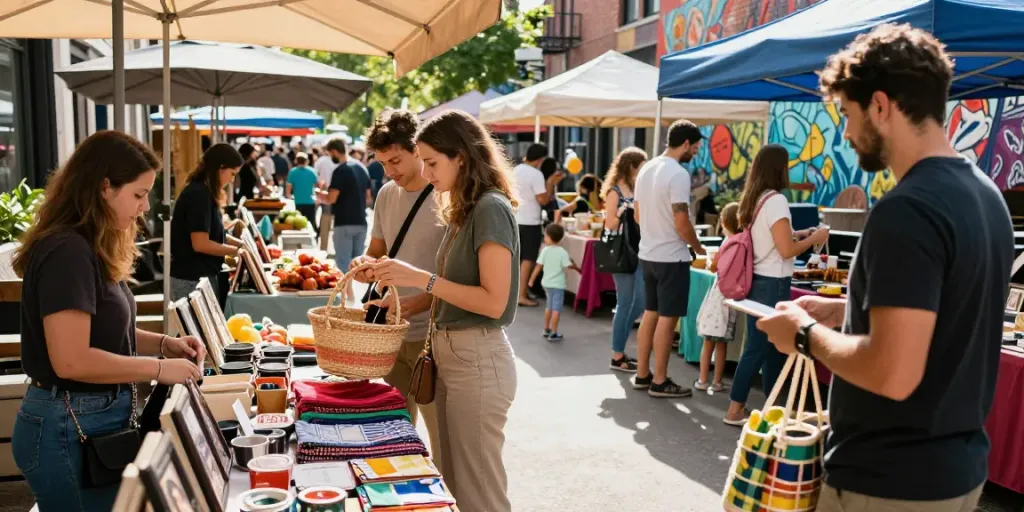Vibrant urban marketplace showcasing diverse artisanal produits from local vendors.