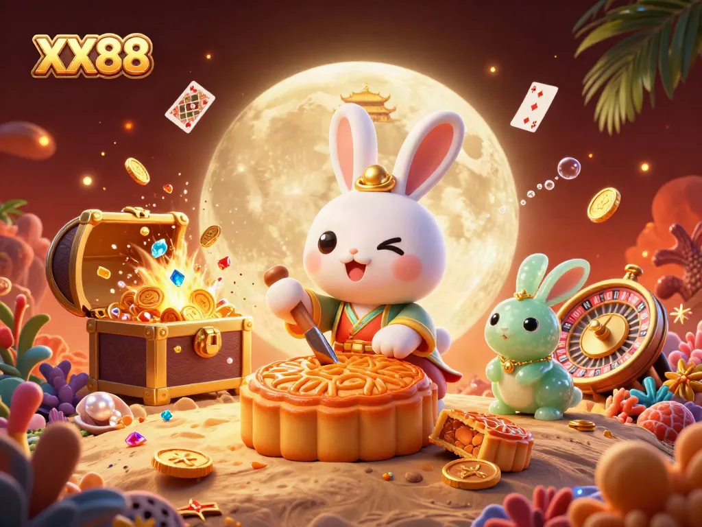 Experience the thrilling action of XX88, with a vibrant 3D moon rabbit illustration featuring casino games and treasures.
