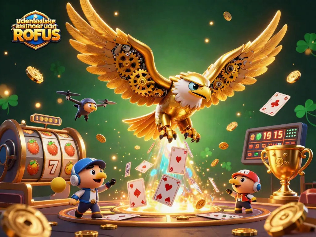 Explore udenlandske casinoer uden ROFUS with a dynamic scene featuring a cybernetic eagle and slot machines.