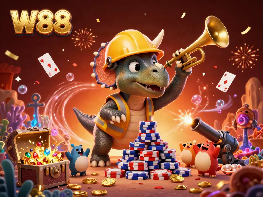 Experience the excitement at W88 with a vibrant 3D illustration featuring playful dinosaur characters building a poker chip pyramid.