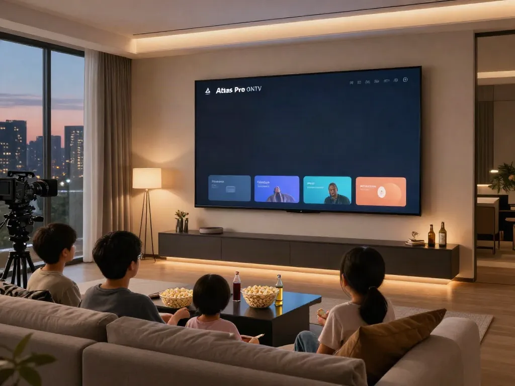 Une famille profitant de l'application Atlas Pro ONTV sur un grand écran dans un salon moderne.