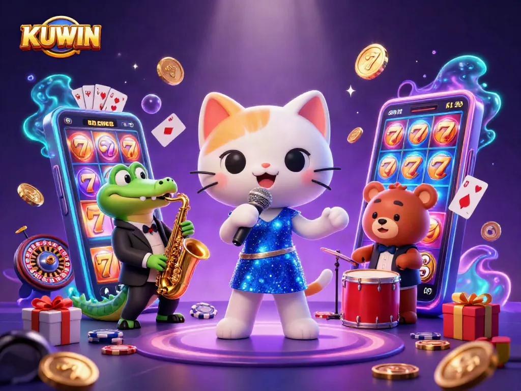 Experience the thrill of KUWIN gaming with captivating characters on a vibrant casino stage.