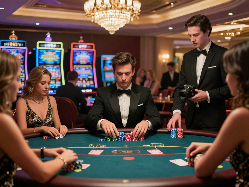 Casino en ligne : Joueur élégant à une table de poker, ambiance de luxe avec des jetons et des machines à sous en arrière-plan.