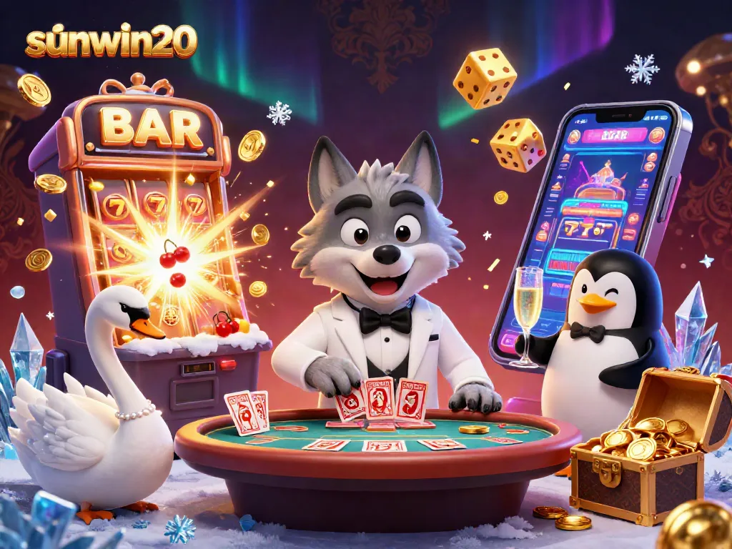 Engage with sunwin20's vibrant casino scene featuring a wolf, swan, and penguin amidst exciting gaming elements.