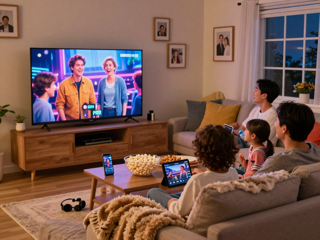 Famille appréciant IRON TV PRO sur leur téléviseur avec des collations sur la table basse.