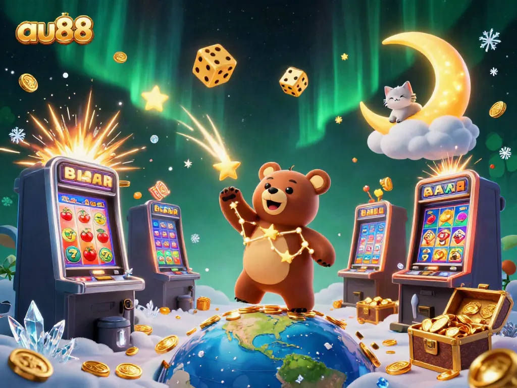 Engage in magical gaming thrills at au88 with a vibrant 3D casino illustration showcasing a jackpot explosion.