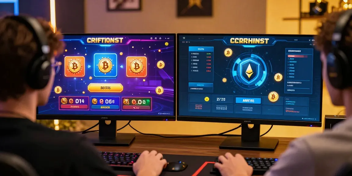 Un joueur dans un casino en crypto, joyeusement engagé avec des jeux colorés et des symboles de cryptomonnaies autour, créant une ambiance dynamique.