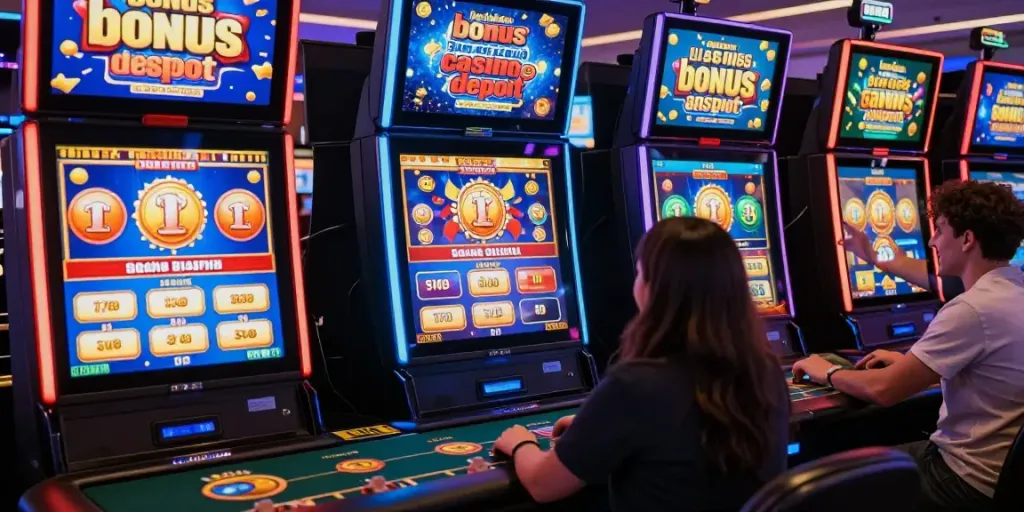 Bonus casino sans dépôt avec joueurs célébrant des gains dans un environnement de casino en ligne immersif.