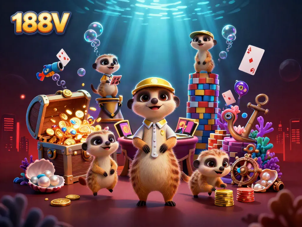 Engage with 188V's entertaining casino scene featuring meerkats and vibrant gaming elements.