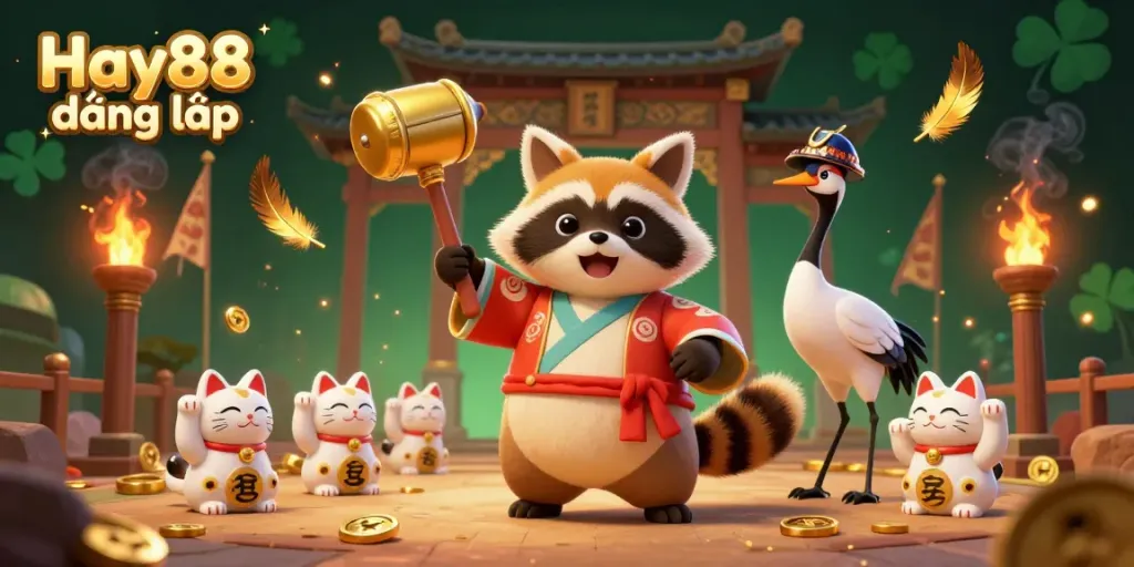 Engage in exciting gaming with Hay88 đăng nhập featuring a colorful festival scene with fortune cats and dynamic elements.