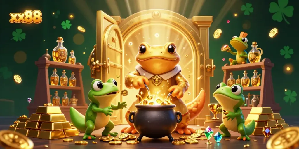 Experience exhilarating gaming at xx88 with a giant golden salamander and friends crafting gold coins in a vivid casino scene.