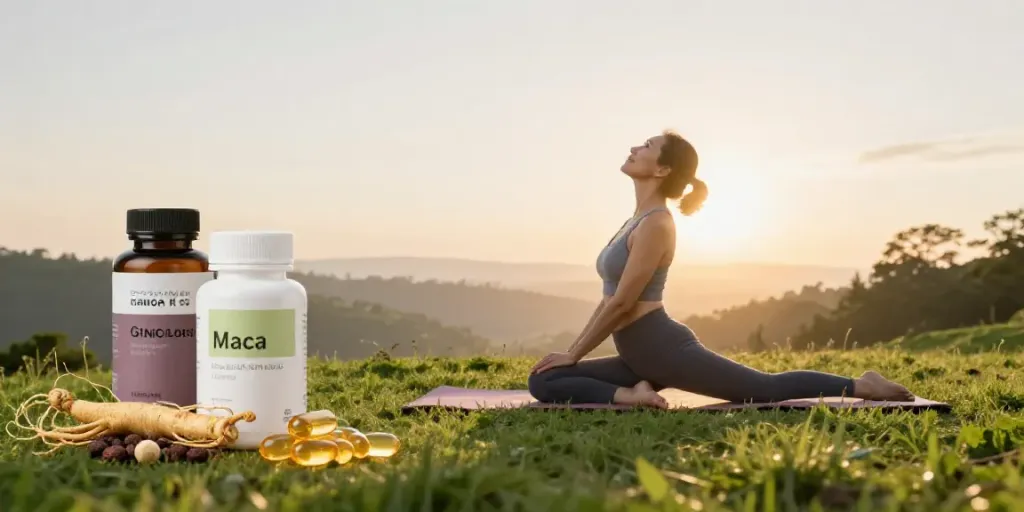 Personne pratiquant le yoga au lever du soleil avec des compléments naturels de Natura Force en avant-plan.