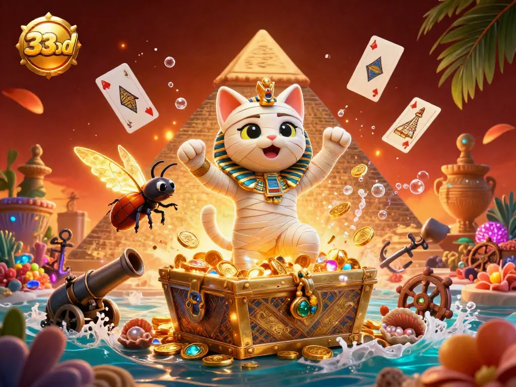 Engage with 33bd's vibrant online casino scene featuring a lively Egyptian mummy cat and gold coins.