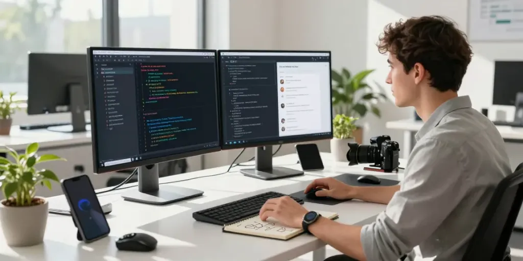 Developer engaging in unfiltered AI chat in a modern workspace with dual monitors.