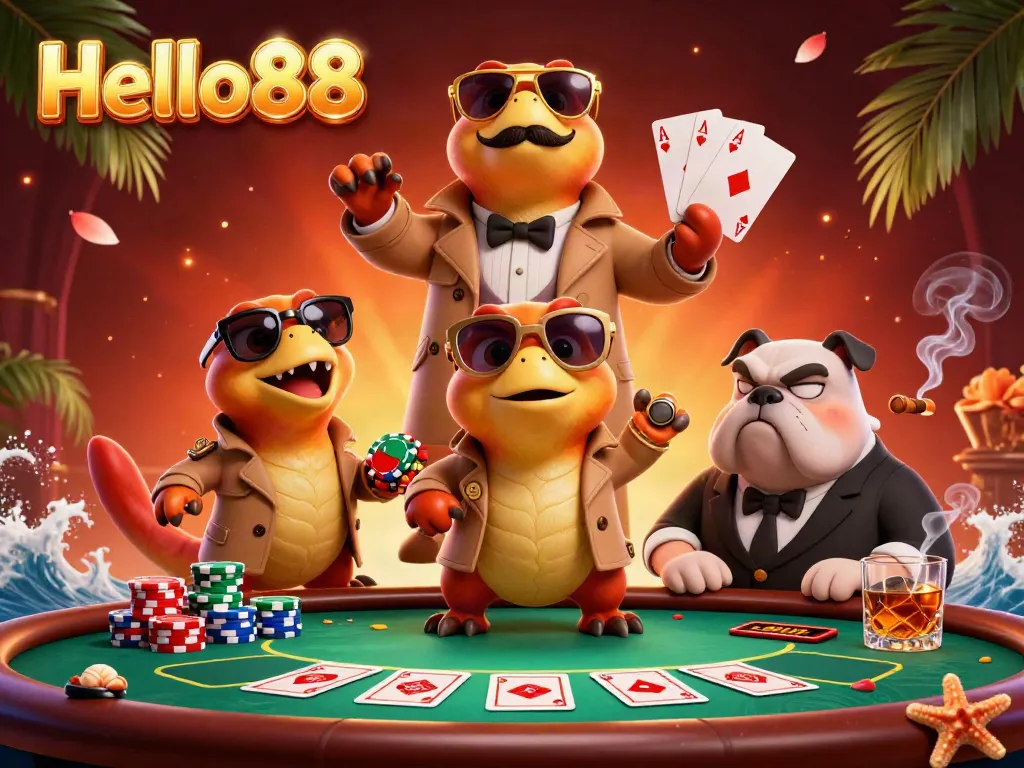 Enter the VIP lounge at Hello88 with raptors in disguise amidst poker excitement.