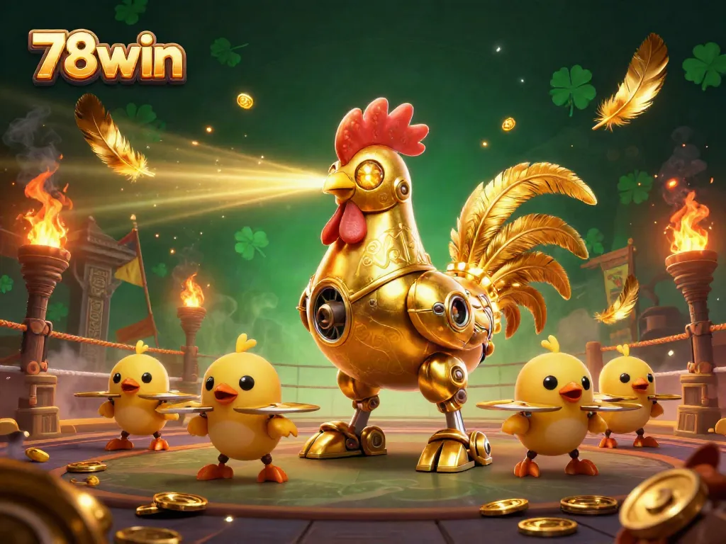 Experience thrilling gameplay at 78win with golden rooster robot and baby chick drones shooting for wins.