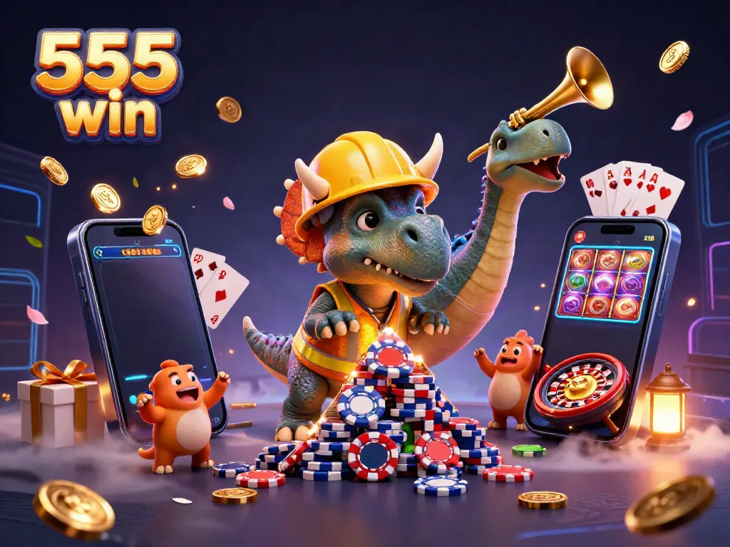 Experience the excitement of 555 win with a triceratops building a poker chip pyramid amidst festive casino elements.