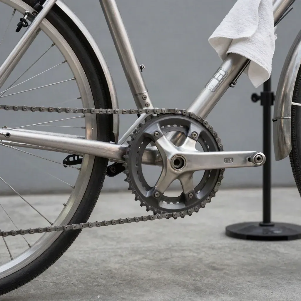 Détail en contre-plongée du numéro de cadre d’un vélo alu dans un atelier à l’aube.