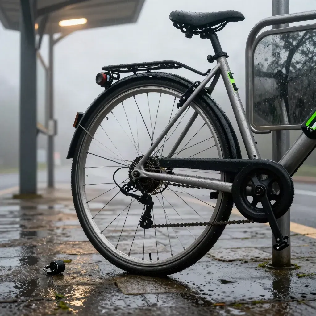 Vélo attaché près d’une gare, antivol sectionné, brouillard froid et pavés mouillés.