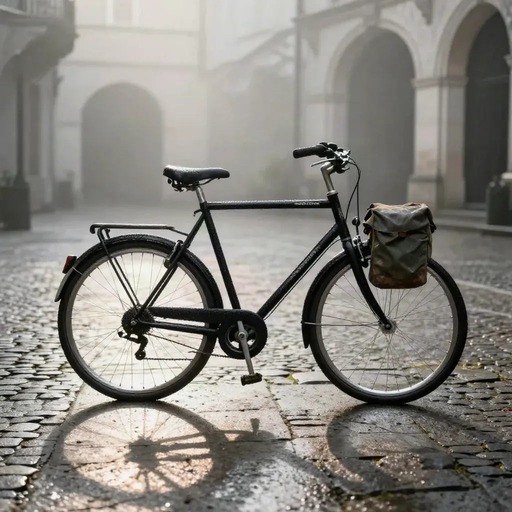Vélo de ville noir mat dans une cour pavée humide à l’aube, avec antivol U et sacoches.
