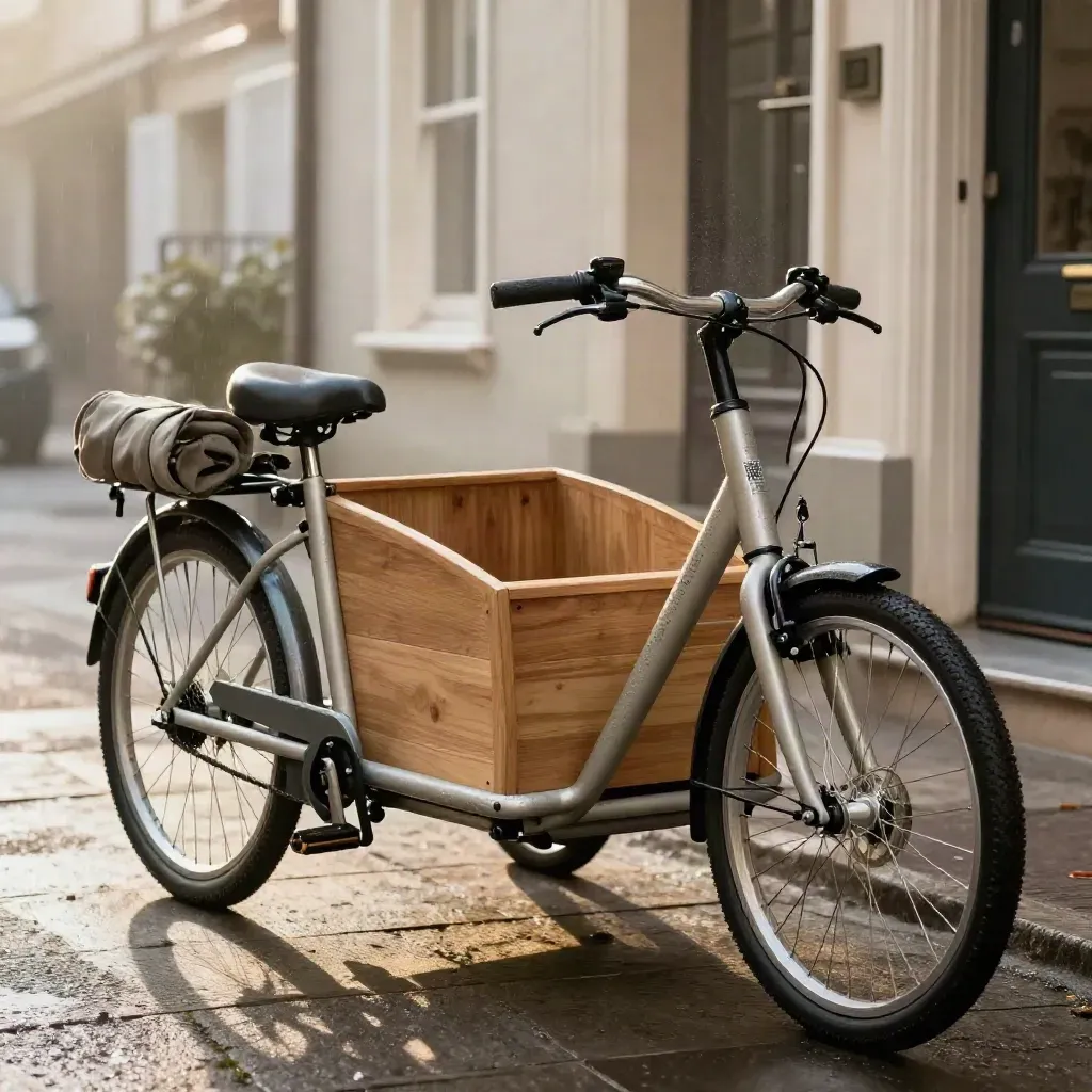 Vélo cargo urbain sous la bruine devant un immeuble, casque et sac de pluie visibles