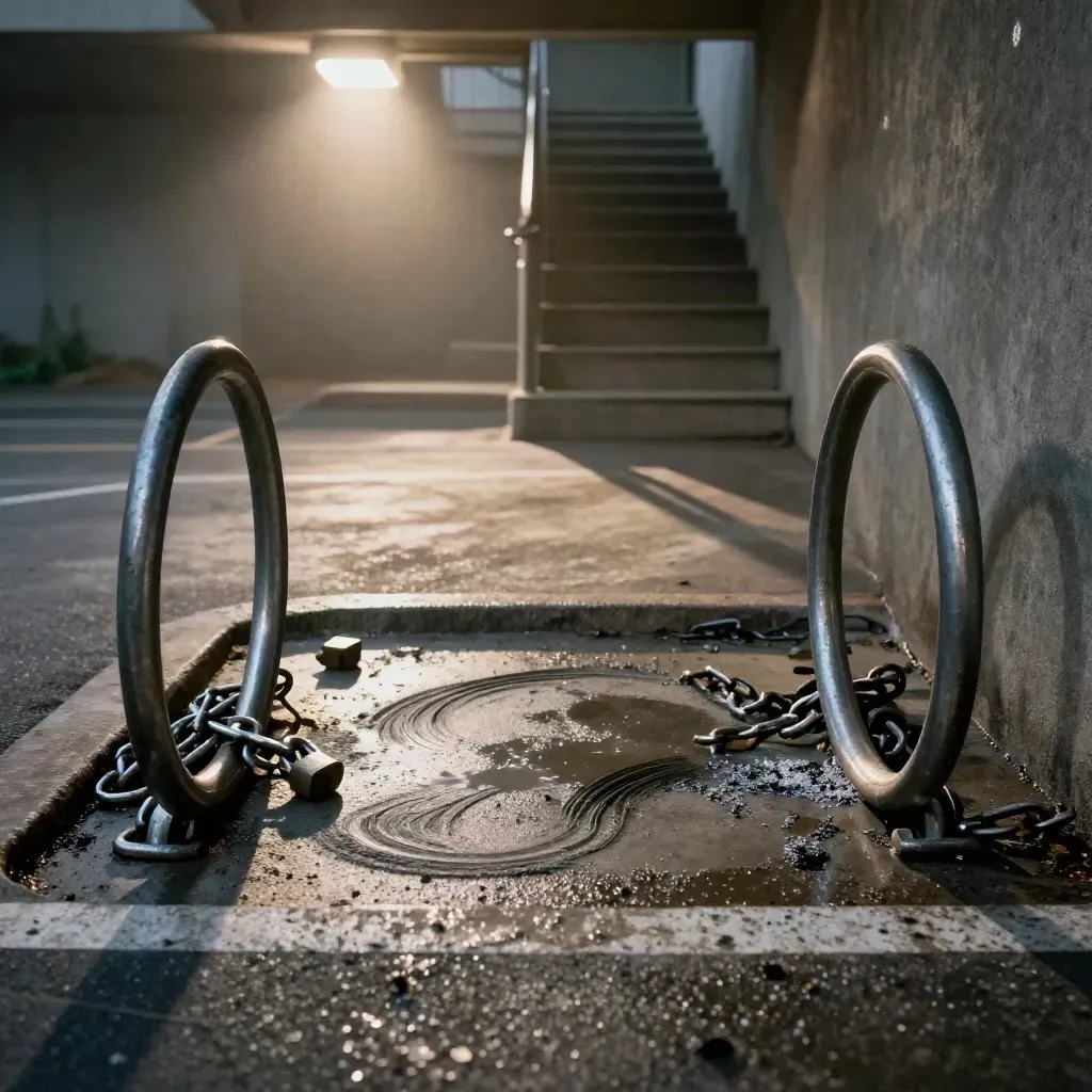 Parking à vélos vide, chaîne rompue au sol, lumière froide d’escalier, ambiance tendue.