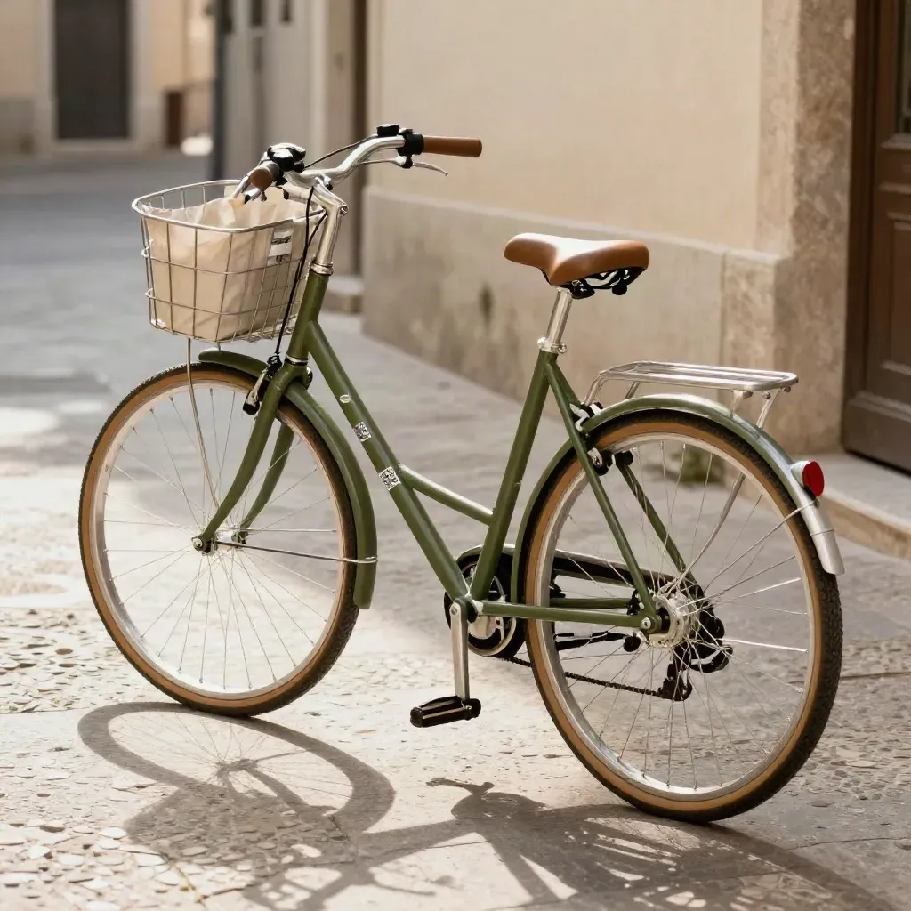 Vélo de ville vert olive avec étiquette QR, dans une ruelle en pierre, lumière douce d’après-midi.